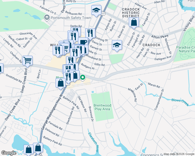 map of restaurants, bars, coffee shops, grocery stores, and more near 11 Tyron Place in Portsmouth