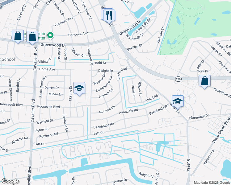 map of restaurants, bars, coffee shops, grocery stores, and more near 500 Bunche Boulevard in Portsmouth