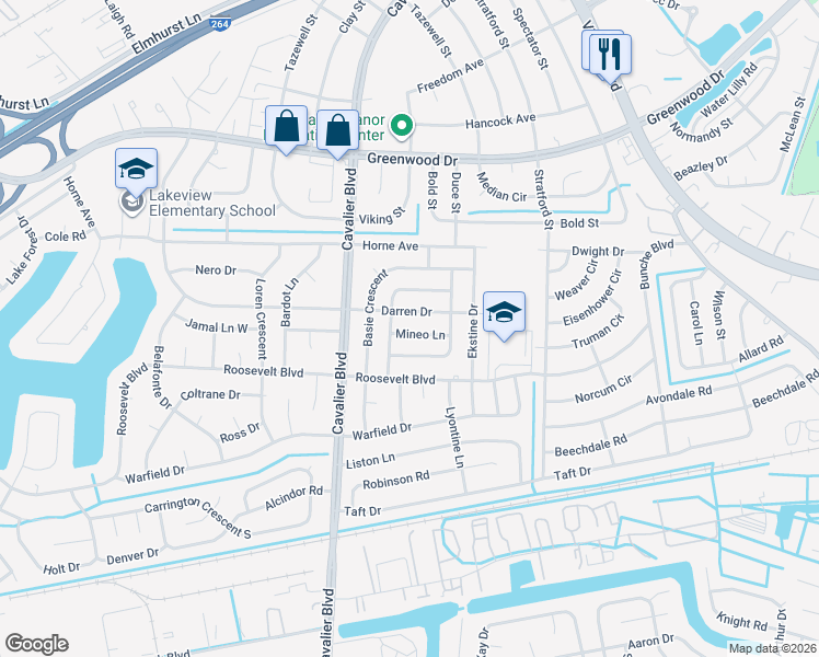 map of restaurants, bars, coffee shops, grocery stores, and more near 910 Mineo Lane in Portsmouth