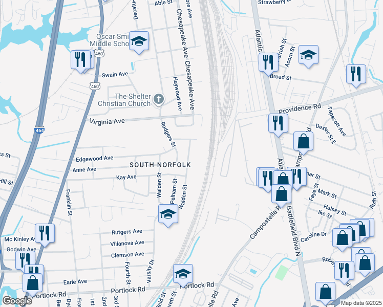 map of restaurants, bars, coffee shops, grocery stores, and more near 2809 Southport Avenue in Chesapeake