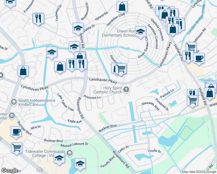 map of restaurants, bars, coffee shops, grocery stores, and more near 1417 Peartree Arch in Virginia Beach