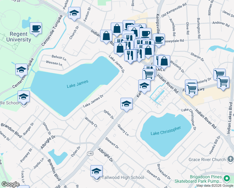map of restaurants, bars, coffee shops, grocery stores, and more near 1503 Brenland Circle in Virginia Beach