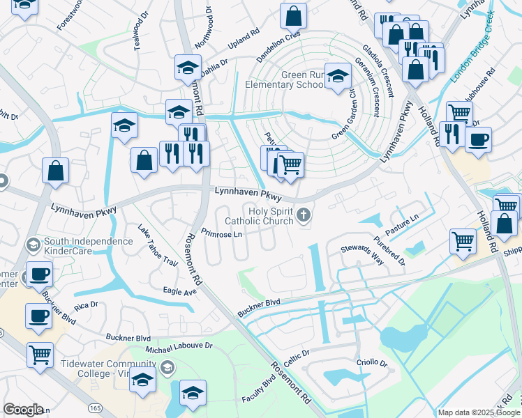 map of restaurants, bars, coffee shops, grocery stores, and more near 1417 Peartree Arch in Virginia Beach
