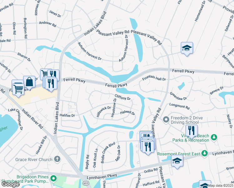 map of restaurants, bars, coffee shops, grocery stores, and more near 5044 Cliffony Drive in Virginia Beach