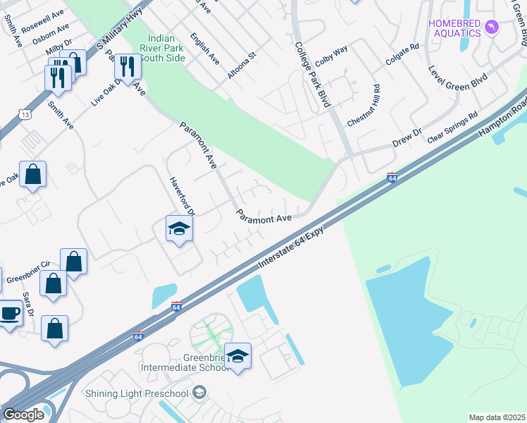 map of restaurants, bars, coffee shops, grocery stores, and more near 5 Glouchester Circle in Chesapeake