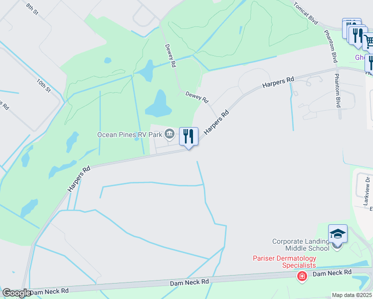 map of restaurants, bars, coffee shops, grocery stores, and more near Harpers Road in Virginia Beach
