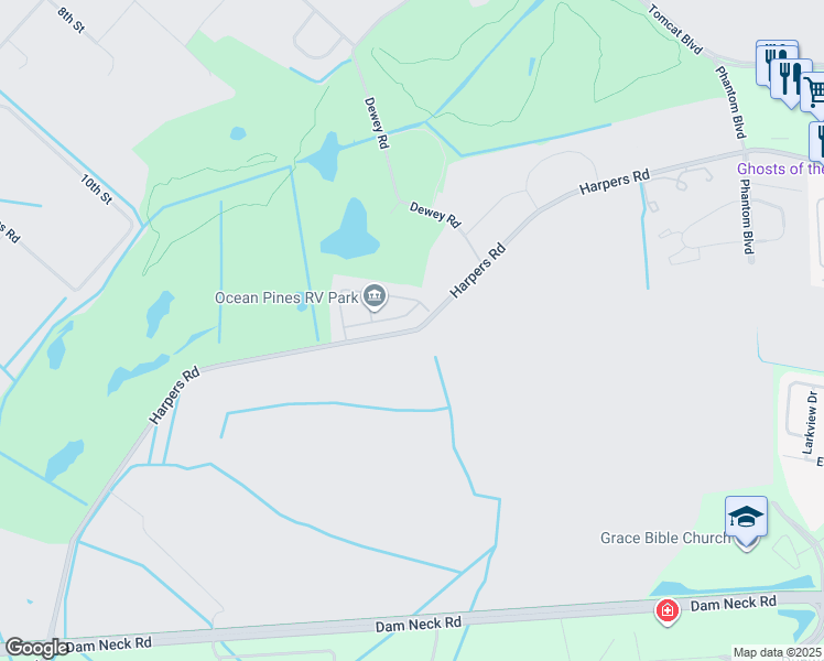 map of restaurants, bars, coffee shops, grocery stores, and more near Harpers Road in Virginia Beach