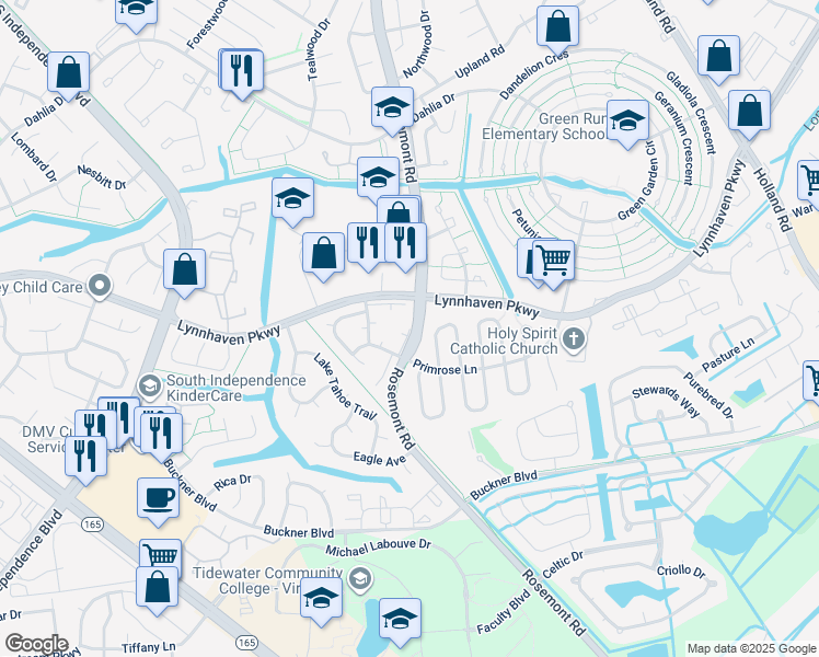 map of restaurants, bars, coffee shops, grocery stores, and more near 1401 Wentworth Drive in Virginia Beach