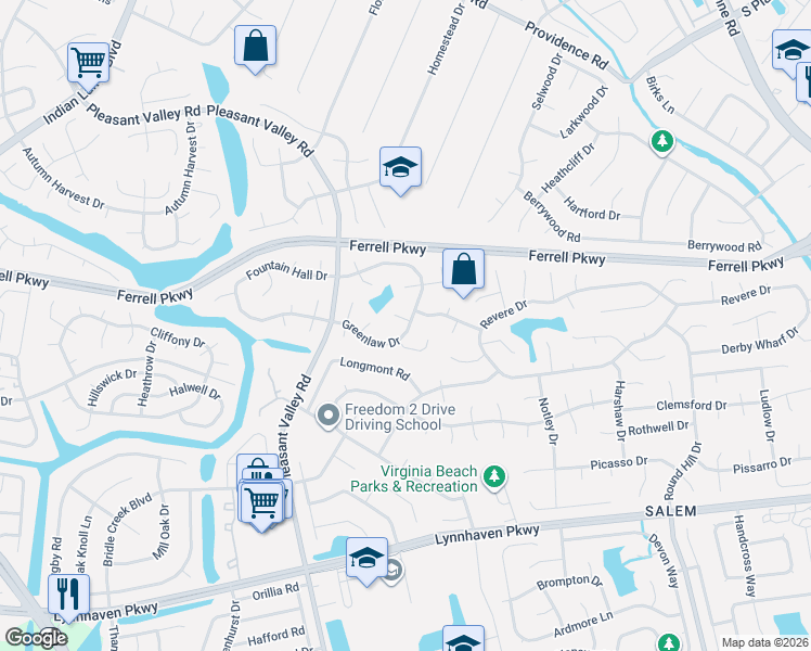 map of restaurants, bars, coffee shops, grocery stores, and more near 4710 White Tail Court in Virginia Beach