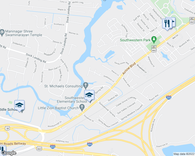 map of restaurants, bars, coffee shops, grocery stores, and more near 3944 Quailshire Lane in Chesapeake