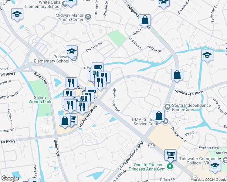 map of restaurants, bars, coffee shops, grocery stores, and more near 1500 Newport Circle in Virginia Beach
