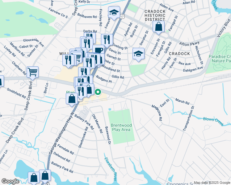 map of restaurants, bars, coffee shops, grocery stores, and more near 11 Tyron Place in Portsmouth