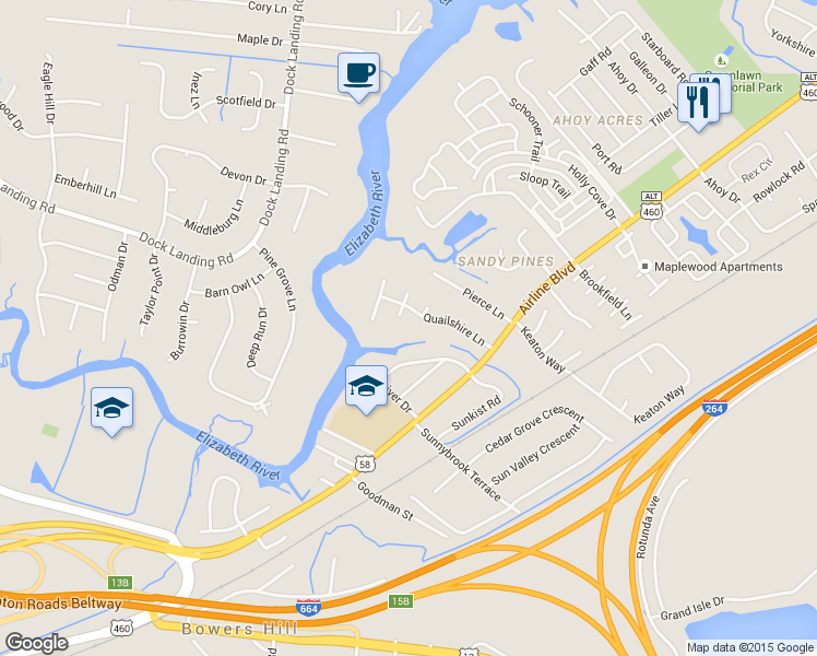 map of restaurants, bars, coffee shops, grocery stores, and more near 4205 Quailshire Arch in Chesapeake