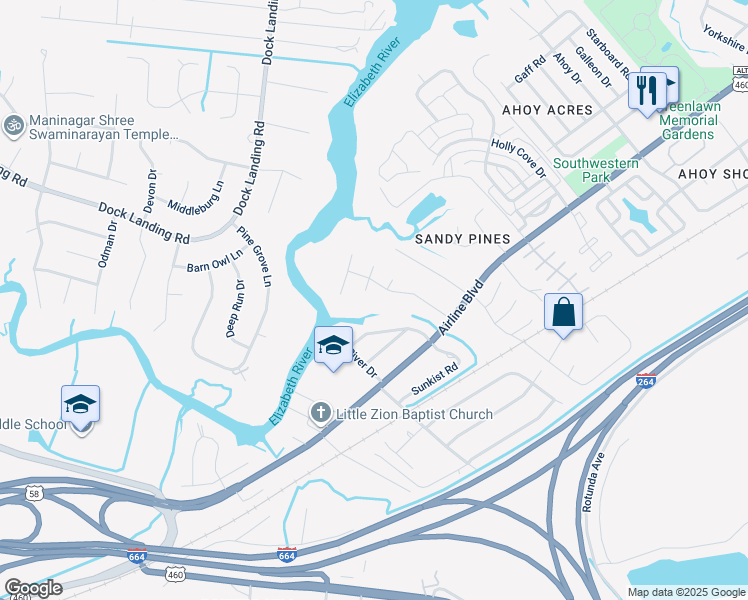 map of restaurants, bars, coffee shops, grocery stores, and more near 4205 Quailshire Arch in Chesapeake