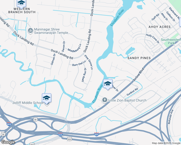 map of restaurants, bars, coffee shops, grocery stores, and more near 1521 Pine Grove Lane in Chesapeake