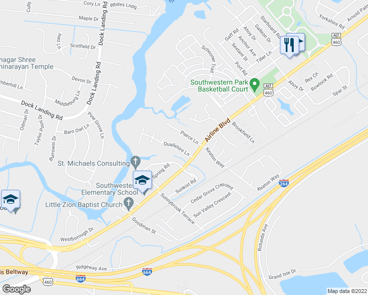 map of restaurants, bars, coffee shops, grocery stores, and more near 3913 Quailshire Lane in Chesapeake