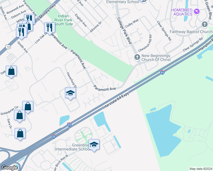 map of restaurants, bars, coffee shops, grocery stores, and more near 8 Jersey Circle in Chesapeake