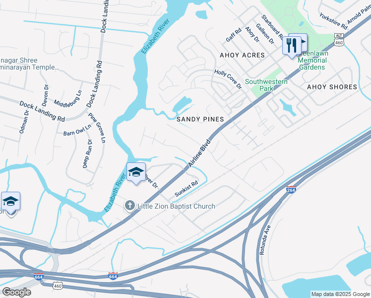 map of restaurants, bars, coffee shops, grocery stores, and more near 3913 Quailshire Lane in Chesapeake