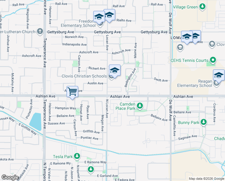 map of restaurants, bars, coffee shops, grocery stores, and more near 3008 Austin Lane in Clovis
