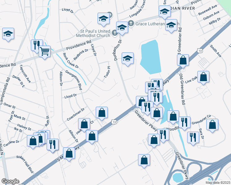 map of restaurants, bars, coffee shops, grocery stores, and more near 2114 Rock Creek Drive in Chesapeake