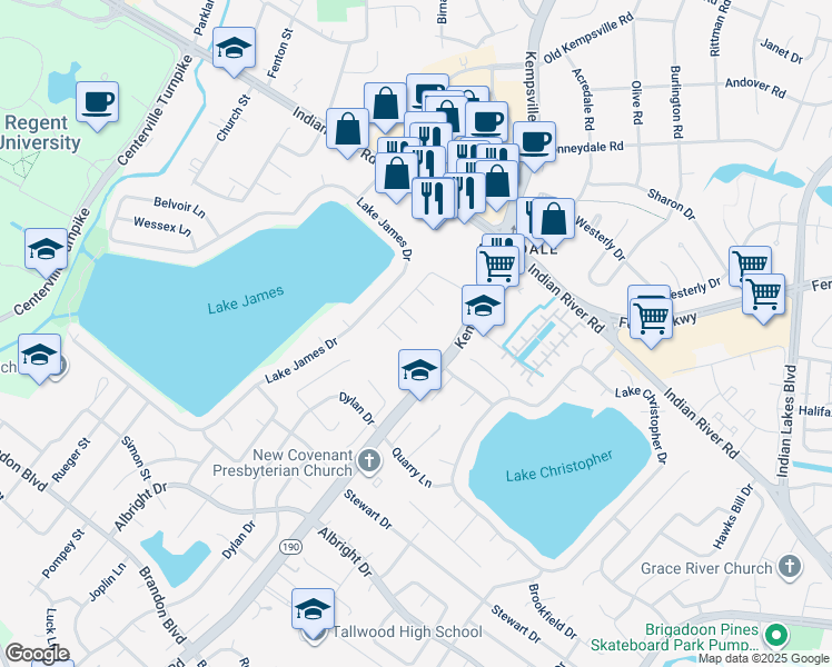 map of restaurants, bars, coffee shops, grocery stores, and more near 1529 Brenland Circle in Virginia Beach