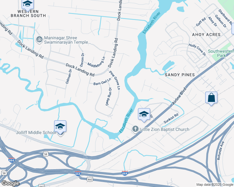 map of restaurants, bars, coffee shops, grocery stores, and more near 1521 Pine Grove Lane in Chesapeake