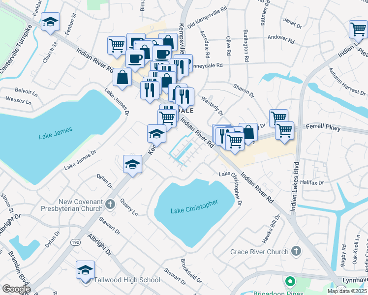 map of restaurants, bars, coffee shops, grocery stores, and more near Pebblebrook Way in Virginia Beach