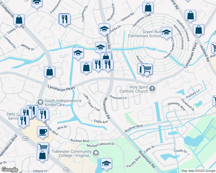 map of restaurants, bars, coffee shops, grocery stores, and more near 3605 Wetherington Drive in Virginia Beach