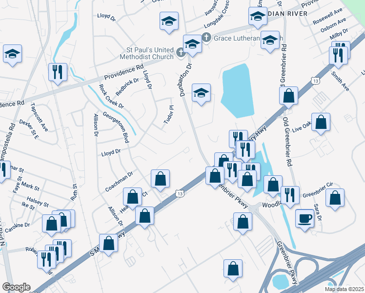 map of restaurants, bars, coffee shops, grocery stores, and more near 2114 Rock Creek Drive in Chesapeake