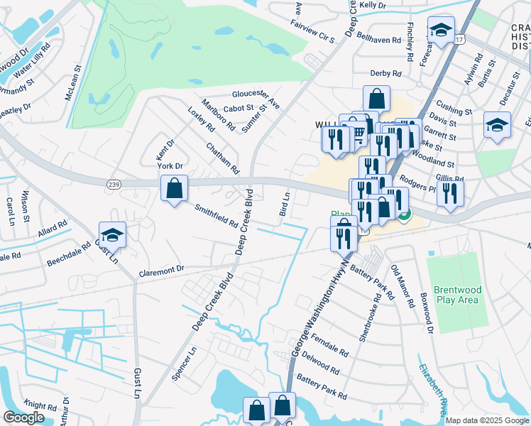 map of restaurants, bars, coffee shops, grocery stores, and more near 2513 Victory Boulevard in Portsmouth