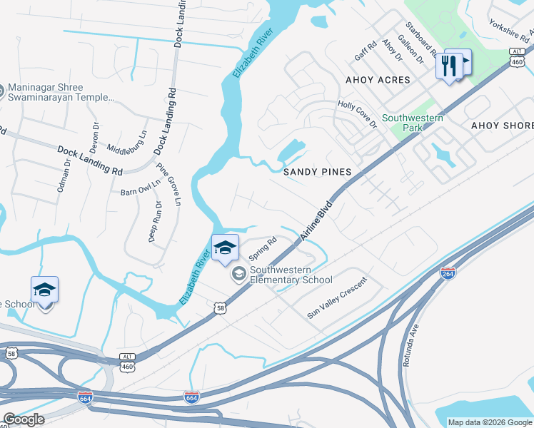 map of restaurants, bars, coffee shops, grocery stores, and more near 4204 Pointers Trail in Chesapeake