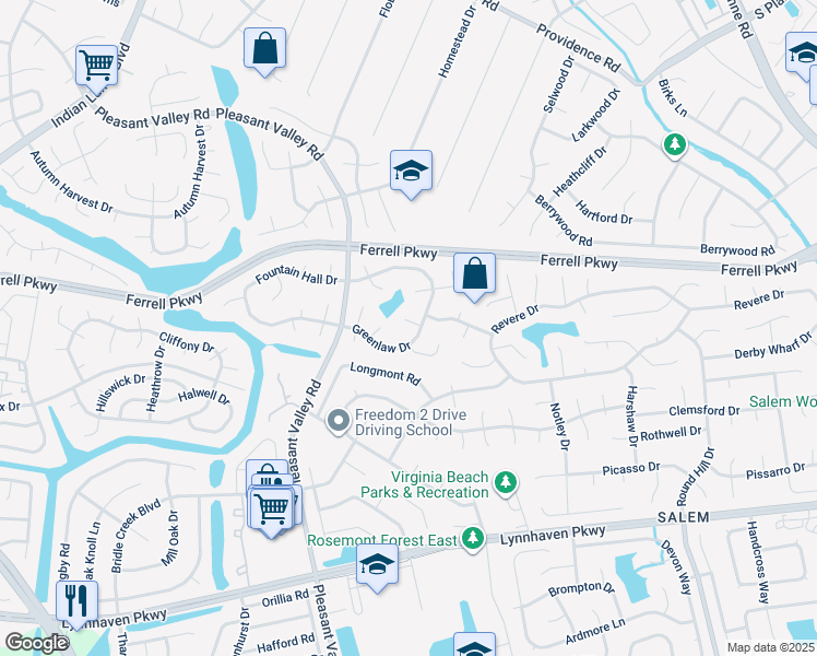 map of restaurants, bars, coffee shops, grocery stores, and more near 4709 White Tail Court in Virginia Beach