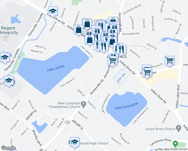 map of restaurants, bars, coffee shops, grocery stores, and more near 1529 Brenland Circle in Virginia Beach