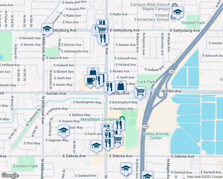 map of restaurants, bars, coffee shops, grocery stores, and more near in Fresno