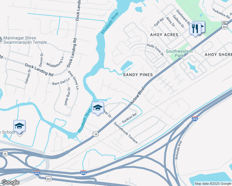 map of restaurants, bars, coffee shops, grocery stores, and more near 4204 Pointers Trail in Chesapeake