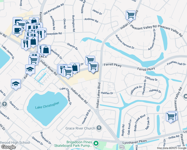 map of restaurants, bars, coffee shops, grocery stores, and more near 5020 Ferrell Parkway in Virginia Beach