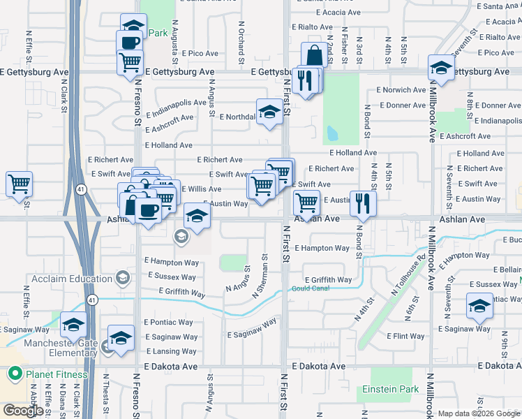 map of restaurants, bars, coffee shops, grocery stores, and more near 3051 East Ashlan Avenue in Fresno