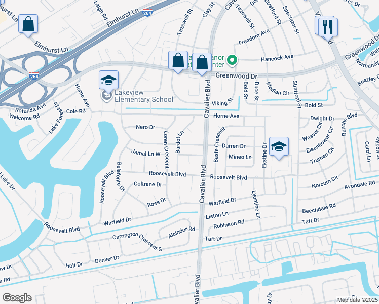 map of restaurants, bars, coffee shops, grocery stores, and more near 1109 Darren Drive in Portsmouth