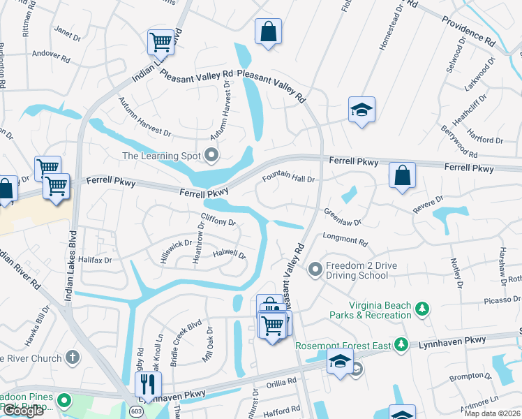 map of restaurants, bars, coffee shops, grocery stores, and more near 4920 Fountain Hall Drive in Virginia Beach