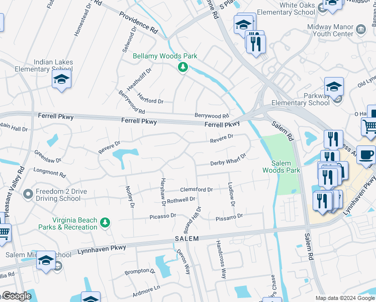 map of restaurants, bars, coffee shops, grocery stores, and more near 4724 Revere Drive in Virginia Beach