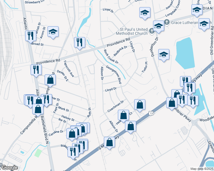 map of restaurants, bars, coffee shops, grocery stores, and more near 200 Fillmore Place in Chesapeake