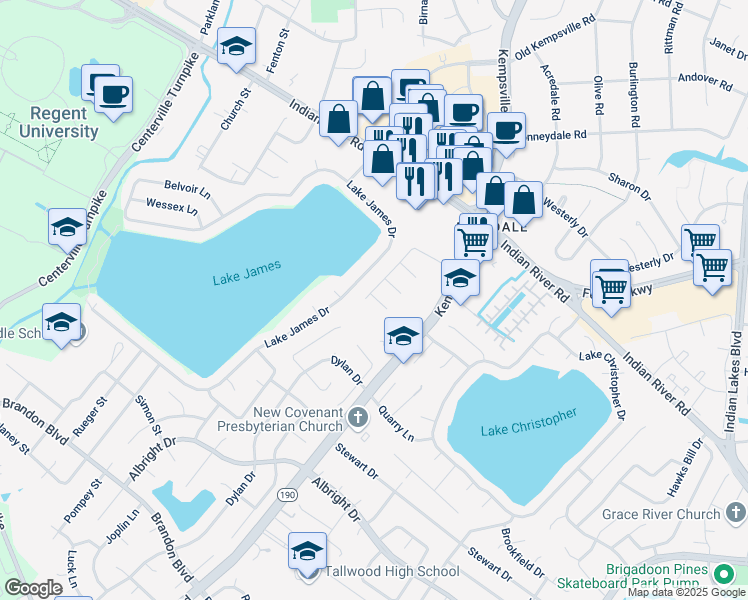 map of restaurants, bars, coffee shops, grocery stores, and more near 1503 Brenland Circle in Virginia Beach