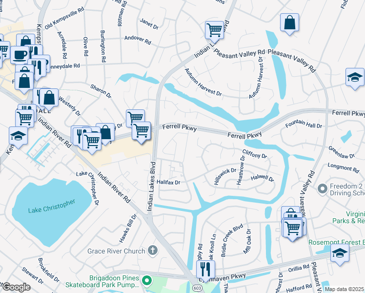 map of restaurants, bars, coffee shops, grocery stores, and more near 1429 Lake Geneve Drive in Virginia Beach