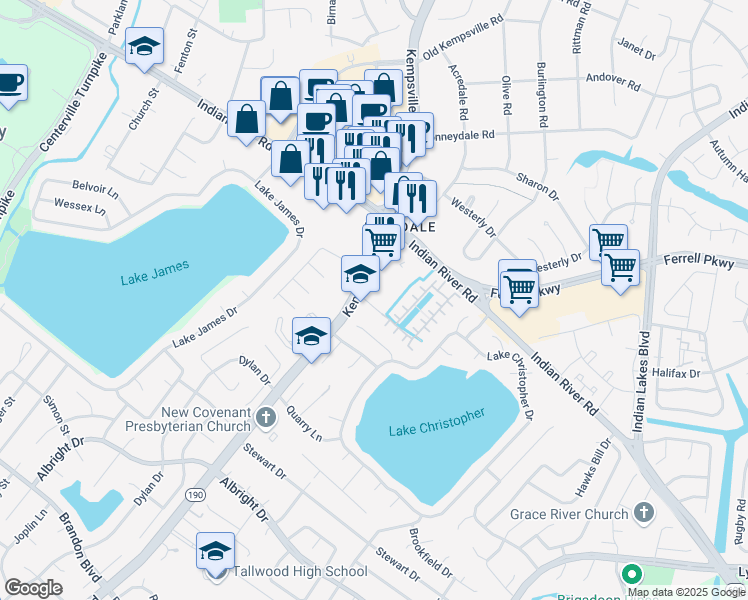 map of restaurants, bars, coffee shops, grocery stores, and more near 1453 Virginia 190 in Virginia Beach