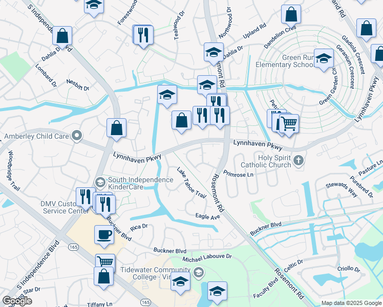 map of restaurants, bars, coffee shops, grocery stores, and more near 3623 Sylvan Lane in Virginia Beach