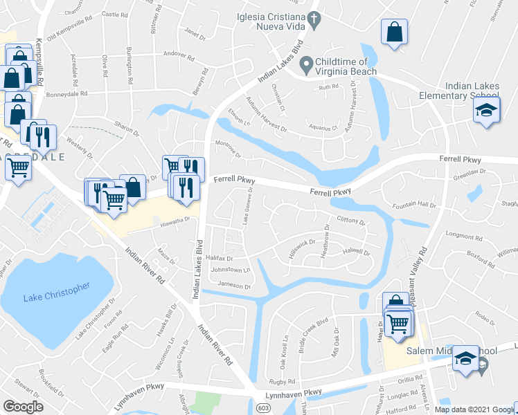 map of restaurants, bars, coffee shops, grocery stores, and more near 1429 Canisbay Court in Virginia Beach