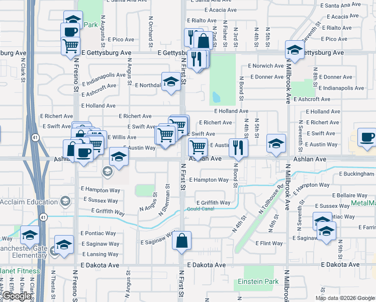 map of restaurants, bars, coffee shops, grocery stores, and more near 4244 East Holland Avenue in Fresno