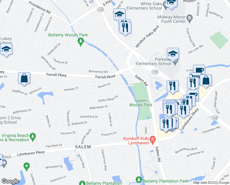 map of restaurants, bars, coffee shops, grocery stores, and more near 4405 Loring Road in Virginia Beach