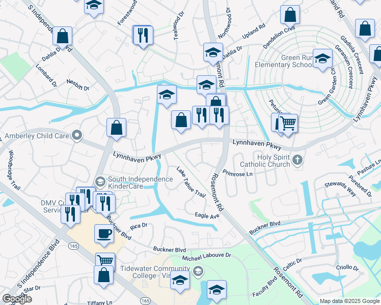 map of restaurants, bars, coffee shops, grocery stores, and more near 3623 Sylvan Lane in Virginia Beach