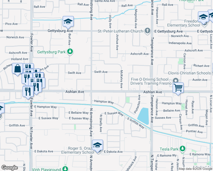 map of restaurants, bars, coffee shops, grocery stores, and more near 2296 Austin Avenue in Fresno